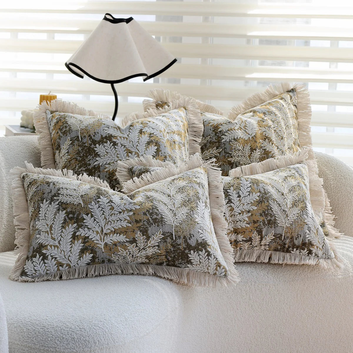 Cushion Cover Velvet Embroidered Jacquard Fern Fringed Edge