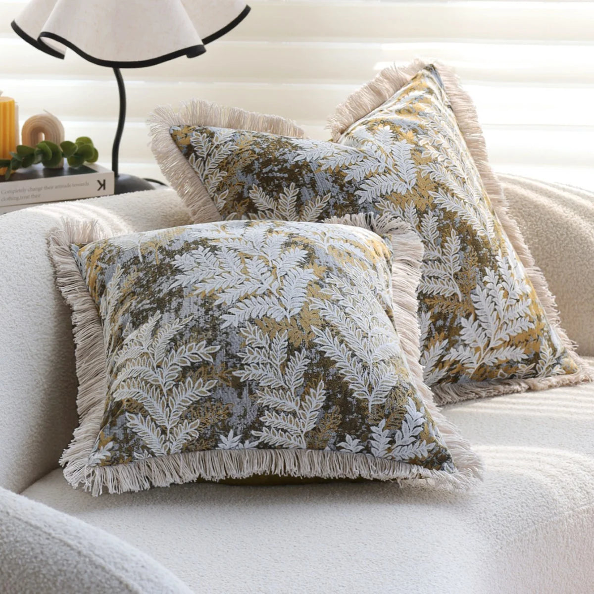 Cushion Cover Velvet Embroidered Jacquard Fern Fringed Edge