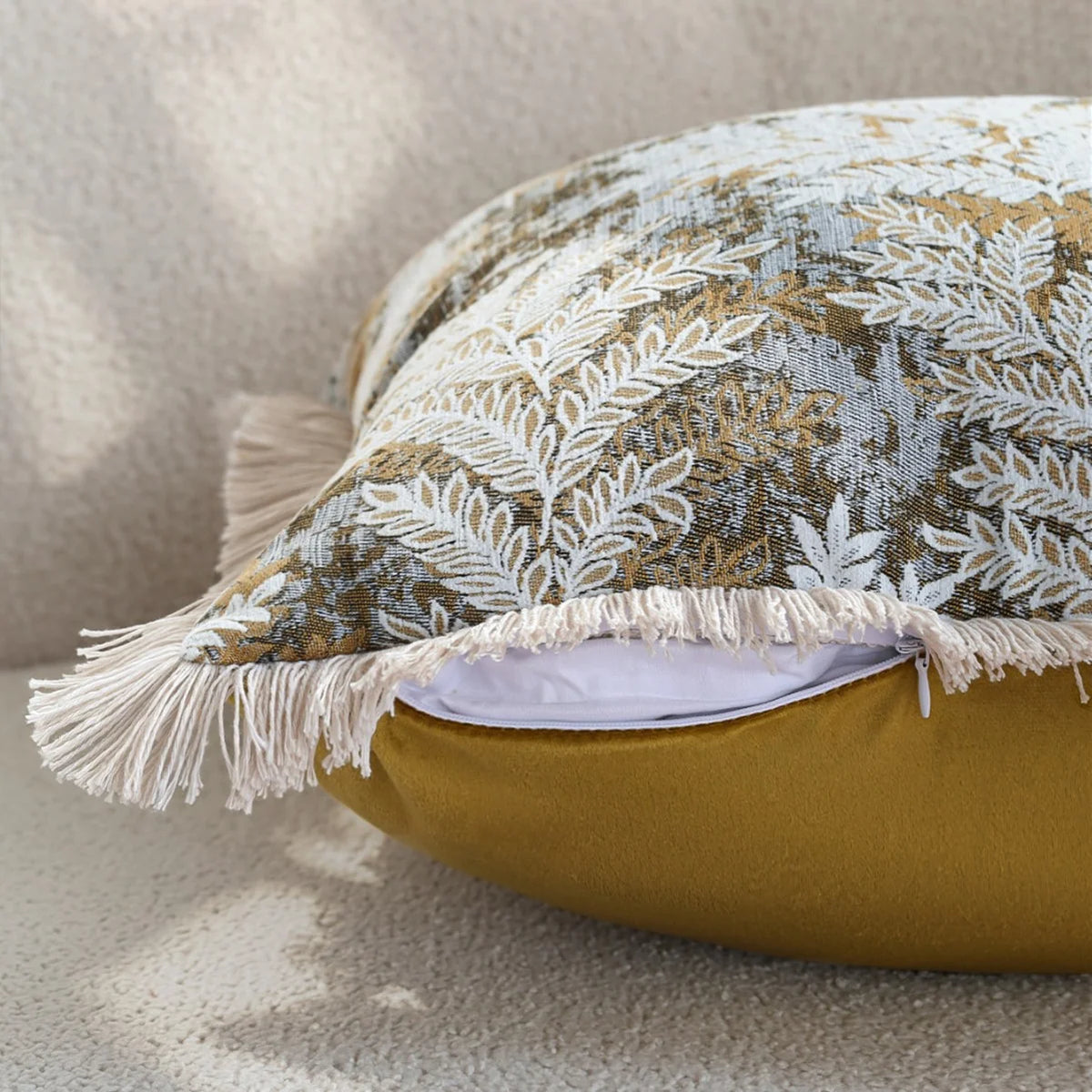 Cushion Cover Velvet Embroidered Jacquard Fern Fringed Edge