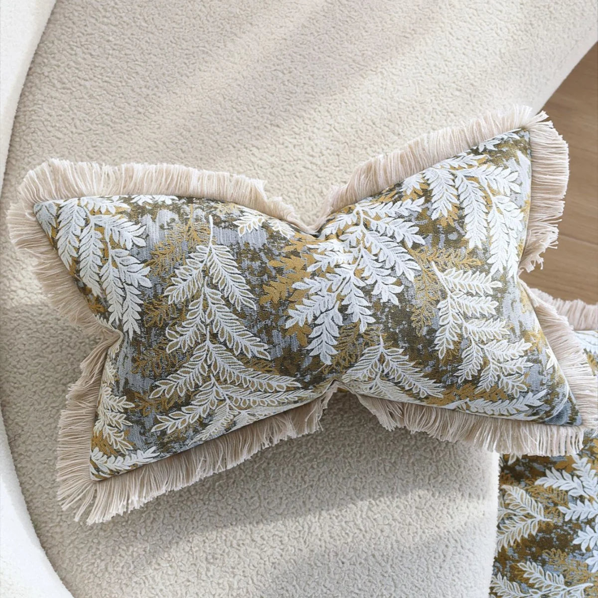 Cushion Cover Velvet Embroidered Jacquard Fern Fringed Edge
