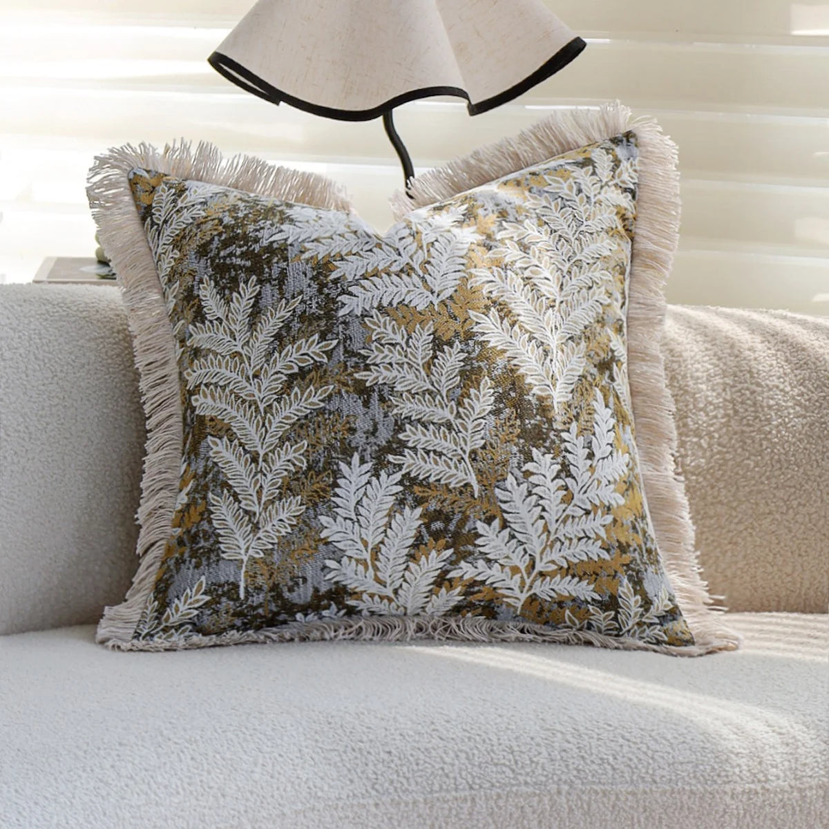 Cushion Cover Velvet Embroidered Jacquard Fern Fringed Edge