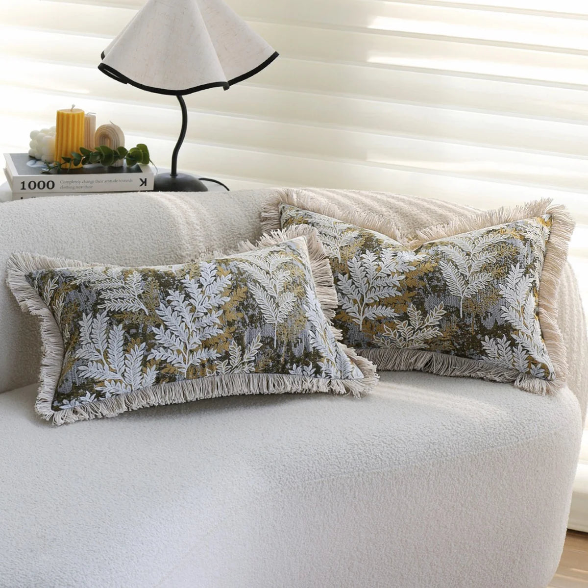Cushion Cover Velvet Embroidered Jacquard Fern Fringed Edge