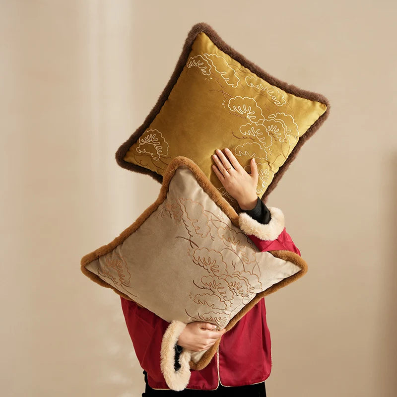 Cushion Cover Velvet Floral Embroidery & Faux Fur Trim