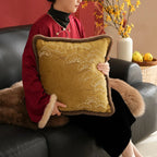 Cushion Cover Velvet Floral Embroidery & Faux Fur Trim