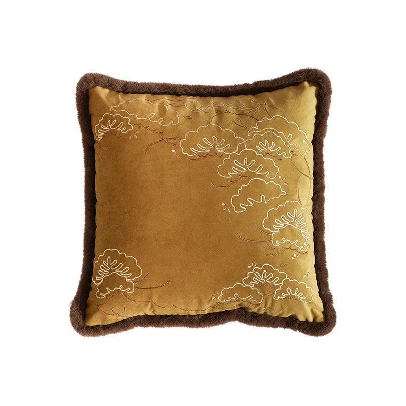 Cushion Cover Velvet Floral Embroidery & Faux Fur Trim