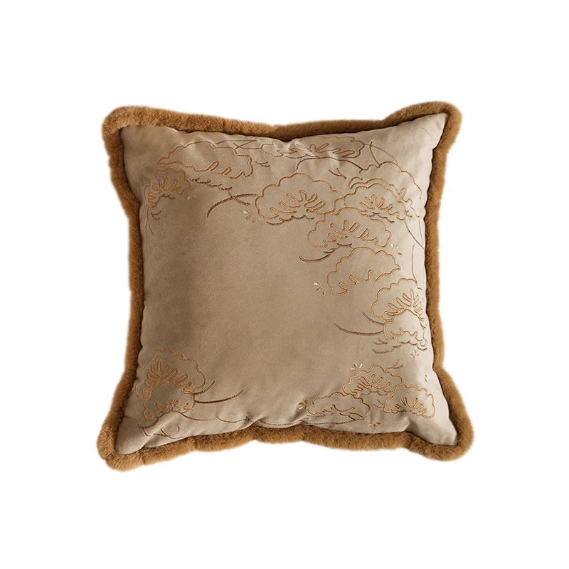 Cushion Cover Velvet Floral Embroidery & Faux Fur Trim
