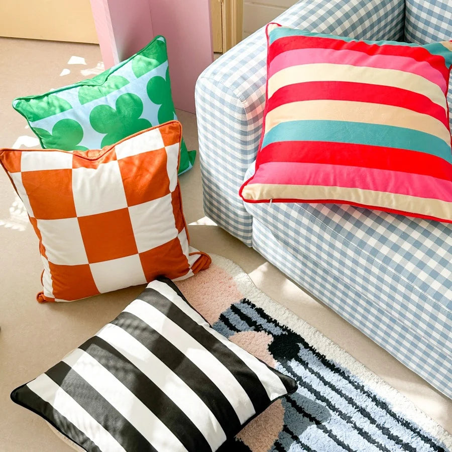 Cushion Cover Velvet Large-Scale Check Concealed Zipper 45x45 cm