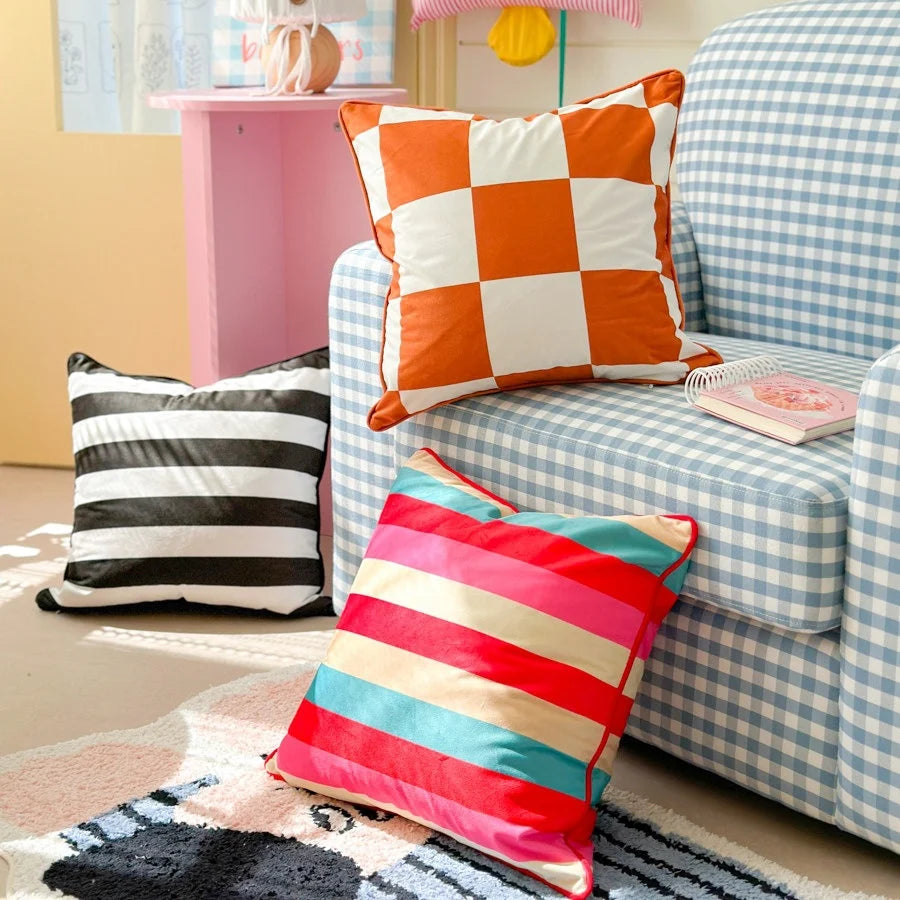 Cushion Cover Velvet Large-Scale Check Concealed Zipper 45x45 cm