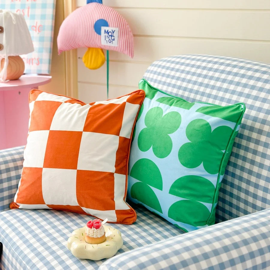 Cushion Cover Velvet Large-Scale Check Concealed Zipper 45x45 cm