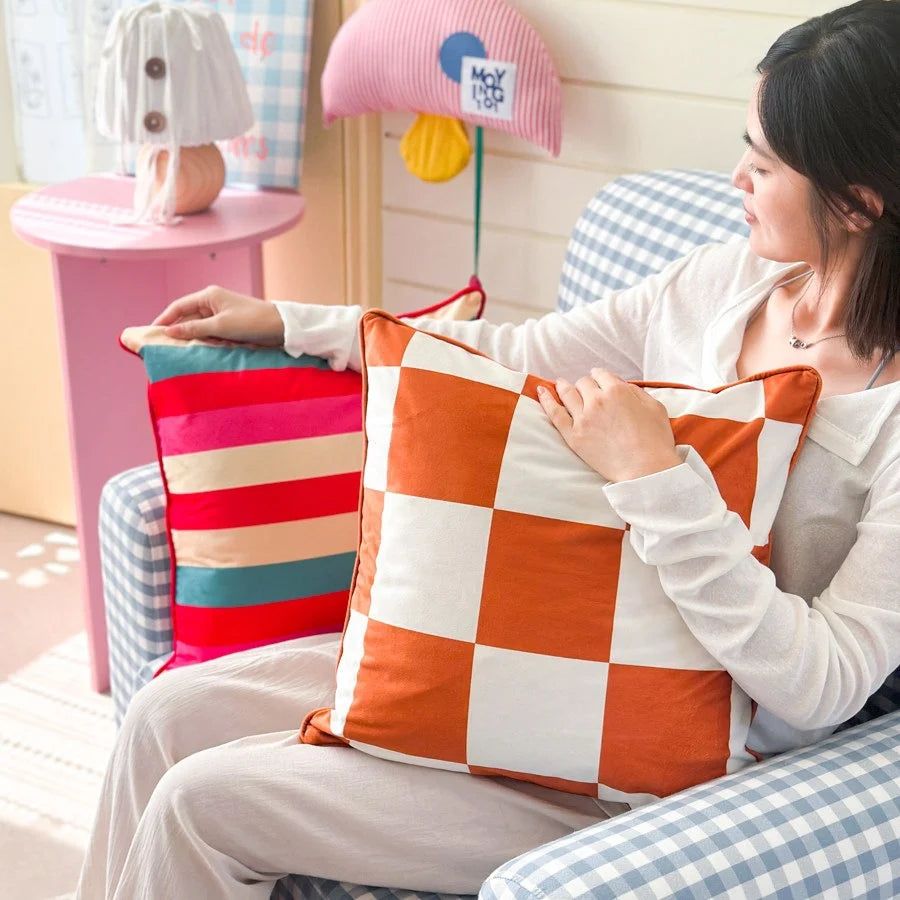 Cushion Cover Velvet Large-Scale Check Concealed Zipper 45x45 cm