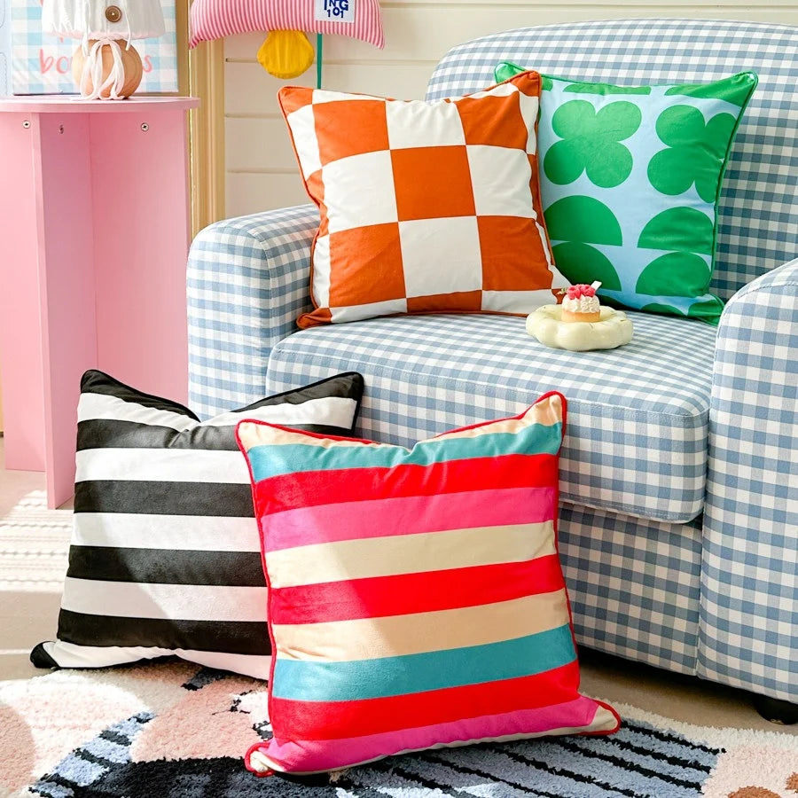Cushion Cover Velvet Large-Scale Check Concealed Zipper 45x45 cm