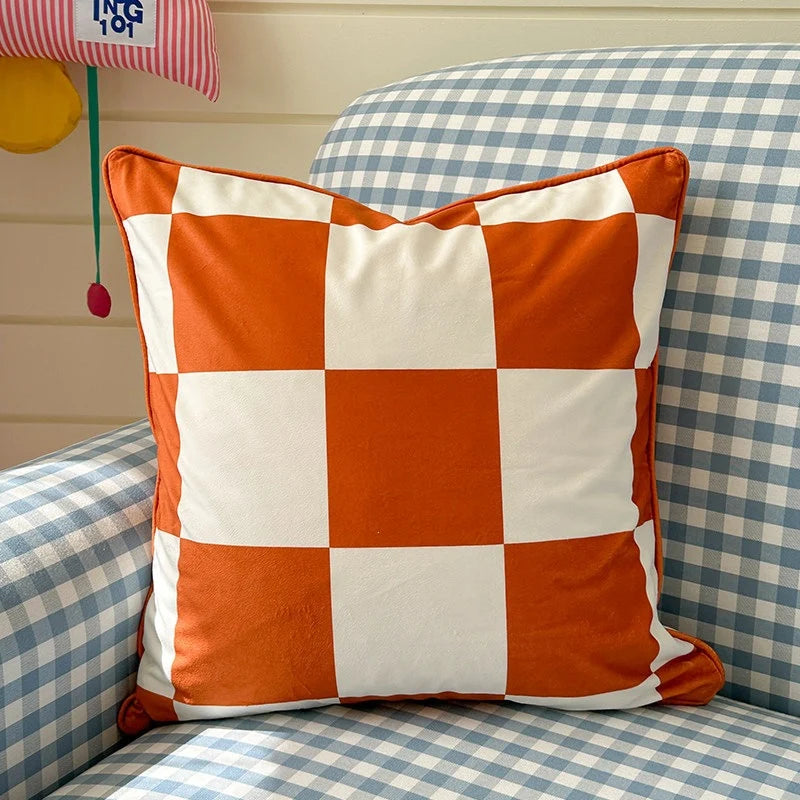 Cushion Cover Velvet Large-Scale Check Concealed Zipper 45x45 cm