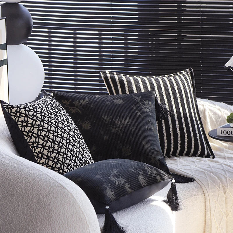 Cushion Cover Velvet Relief Stripes Fringe Tassel Hidden Zipper