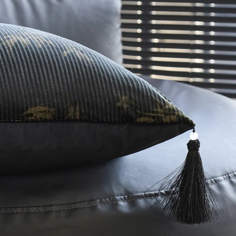 Cushion Cover Velvet Relief Stripes Fringe Tassel Hidden Zipper