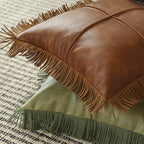 Cushion Cover Waxed Faux Leather Fringed Hidden Zipper 18x18