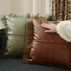 Cushion Cover Waxed Faux Leather Fringed Hidden Zipper 18x18