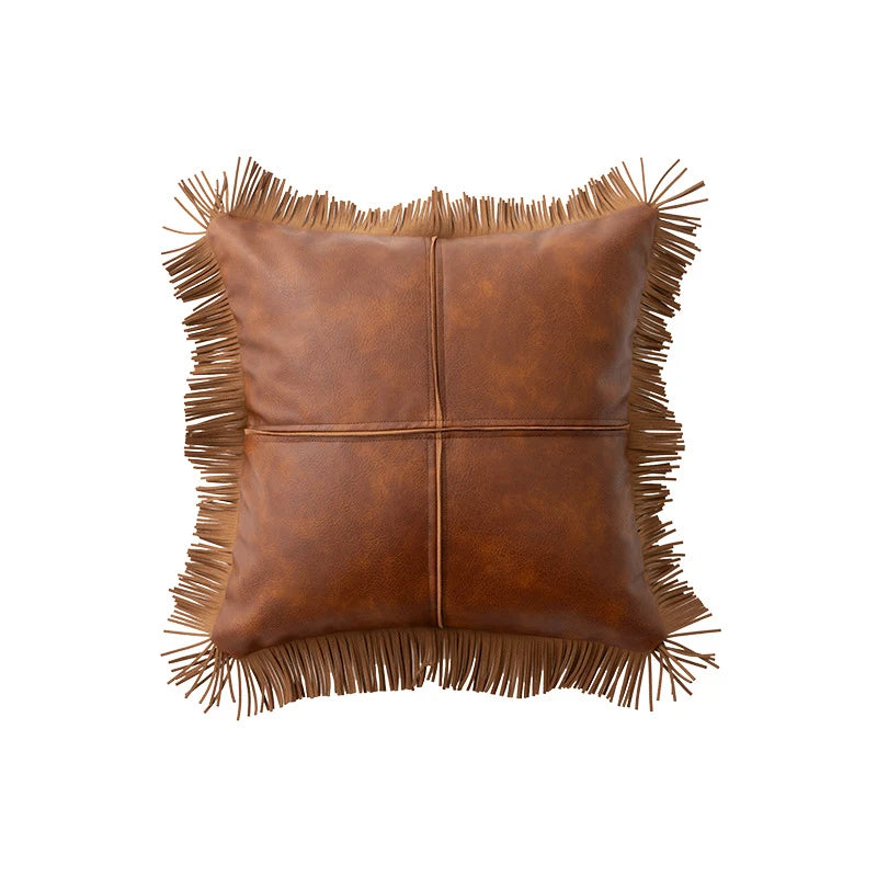 Cushion Cover Waxed Faux Leather Fringed Hidden Zipper 18x18