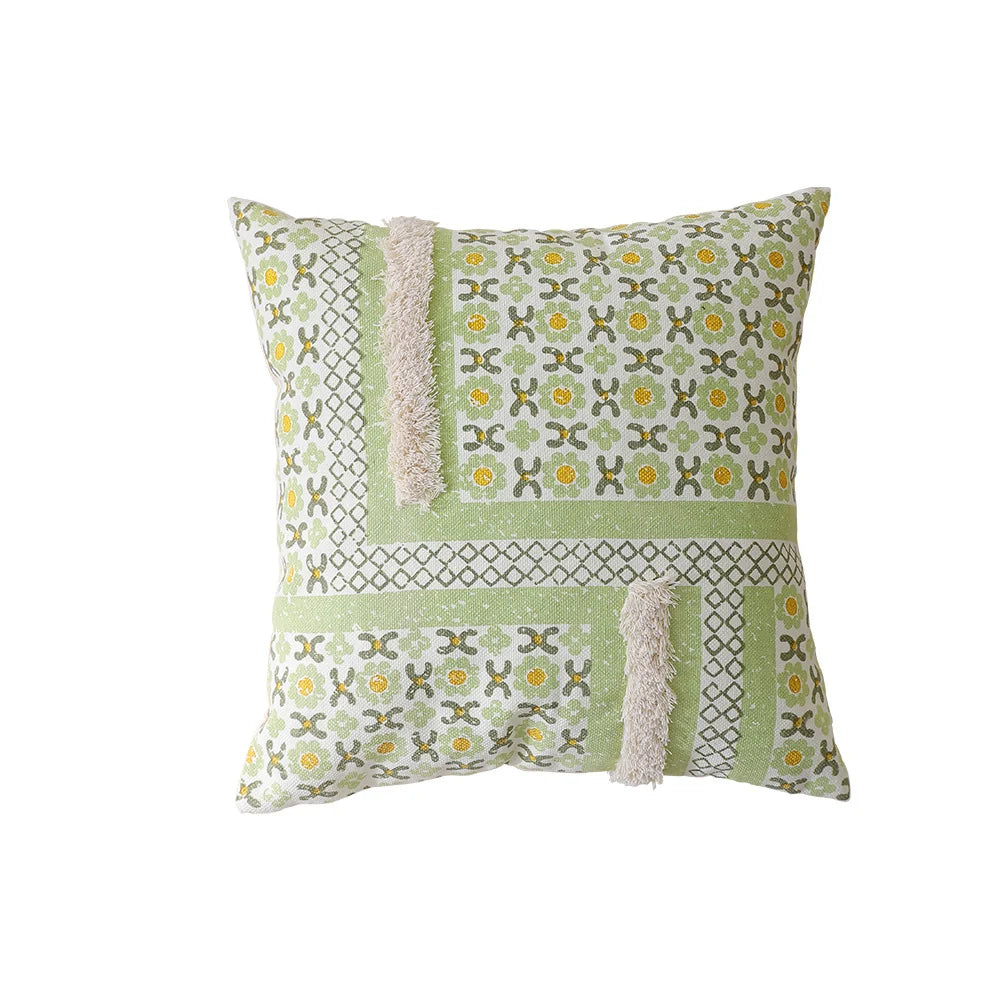 Cushion Cover Woven Botanical Jacquard Cotton Blend Pom-Pom Trim