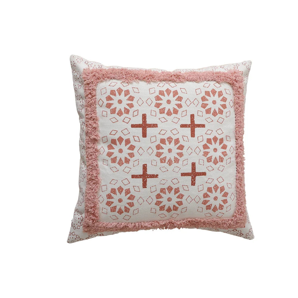 Cushion Cover Woven Botanical Jacquard Cotton Blend Pom-Pom Trim