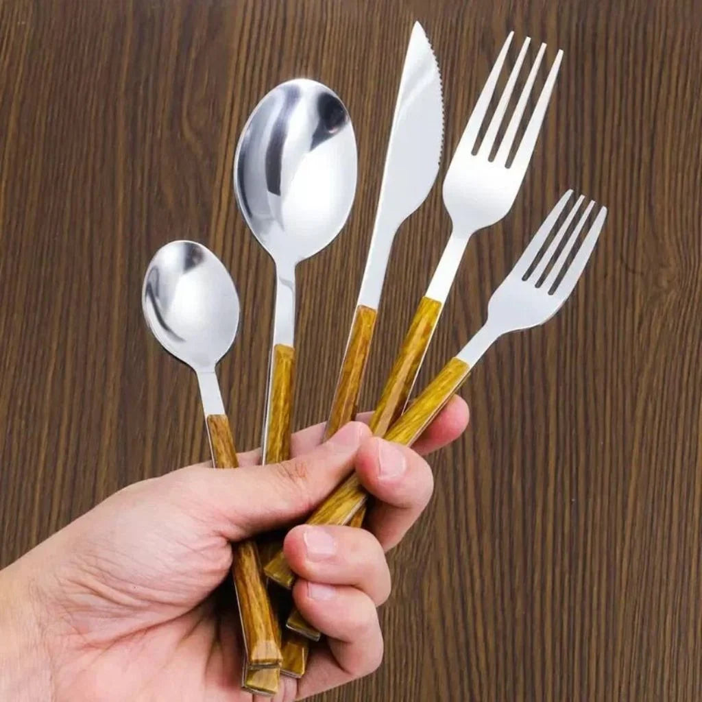Cutlery Set 30-Piece Stainless Steel Wood-Look Handles