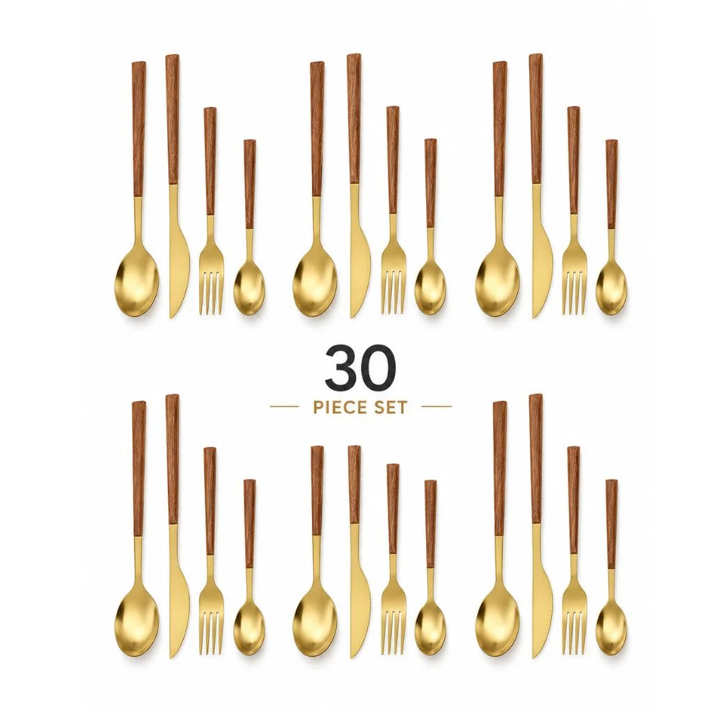 Cutlery Set 30-Piece Stainless Steel Wood-Look Handles