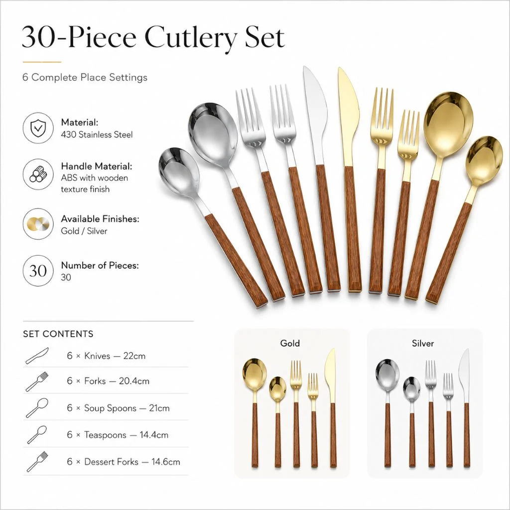 Cutlery Set 30-Piece Stainless Steel Wood-Look Handles