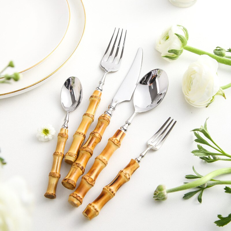 Cutlery Set Bamboo Handles & 18/10 Stainless Steel Dishwasher-Safe