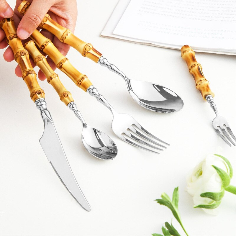 Cutlery Set Bamboo Handles & 18/10 Stainless Steel Dishwasher-Safe