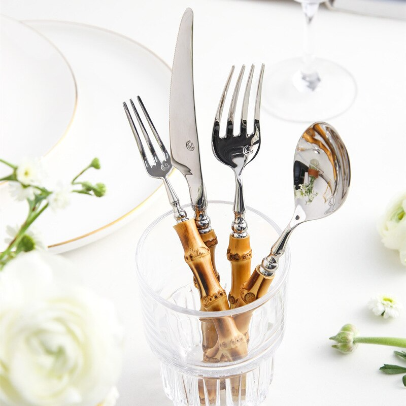 Cutlery Set Bamboo Handles & 18/10 Stainless Steel Dishwasher-Safe