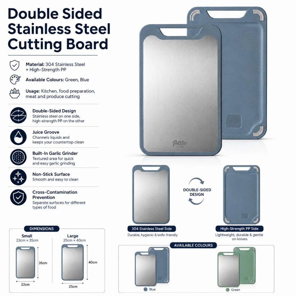 Cutting Board Double-Sided Stainless Steel & Plastic Juice Groove