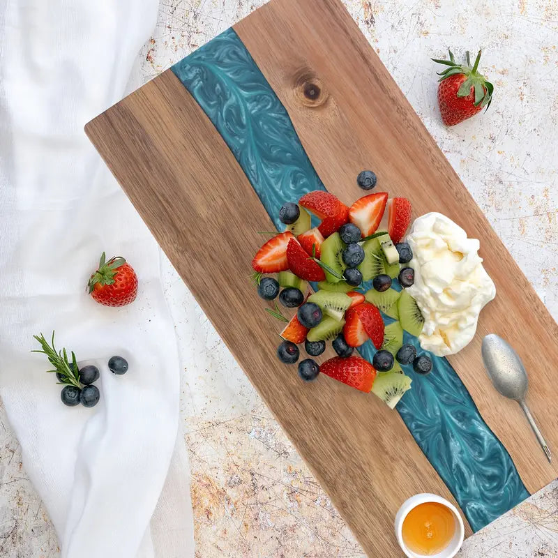 Cutting Board Handcrafted Acacia Blue Resin River Food-Safe Finish