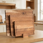 Cutting Board Set Wooden Shallow Juice Grooves Space-Saving Stand