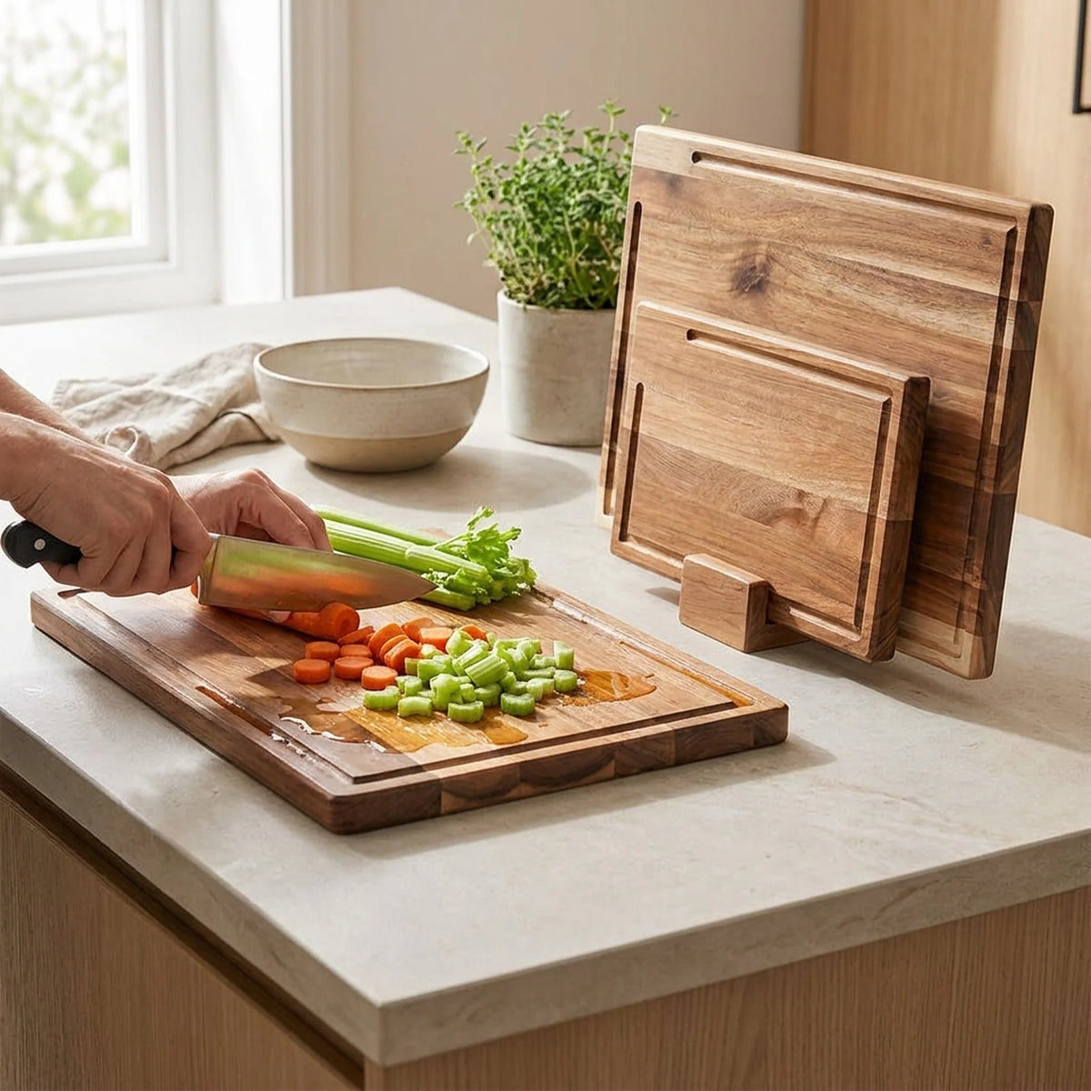 Cutting Board Set Wooden Shallow Juice Grooves Space-Saving Stand
