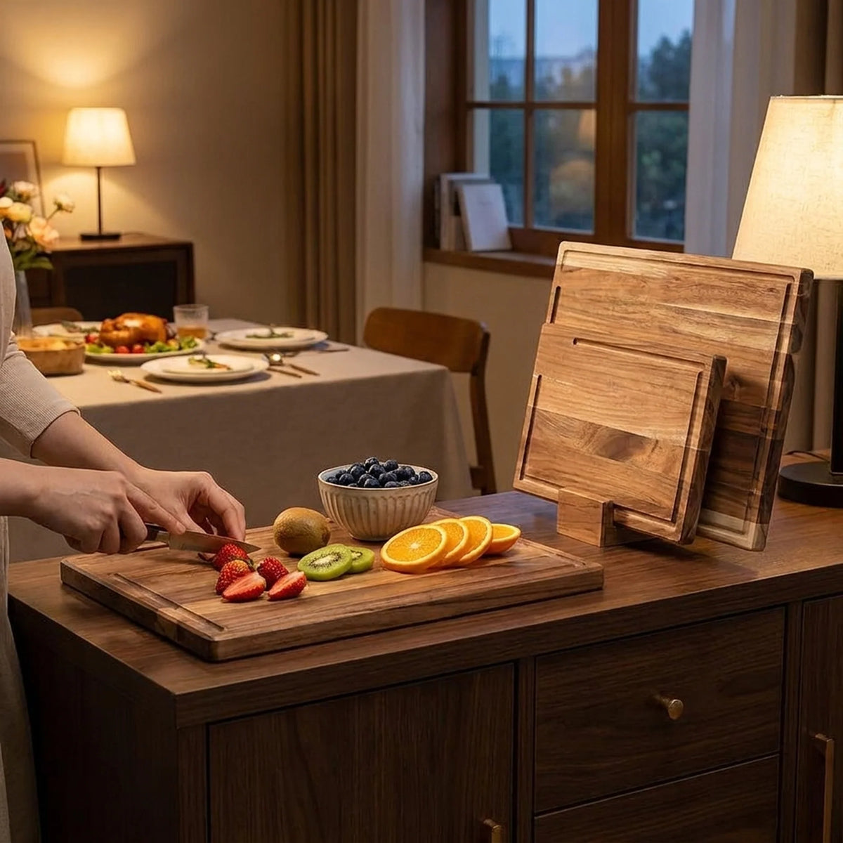 Cutting Board Set Wooden Shallow Juice Grooves Space-Saving Stand