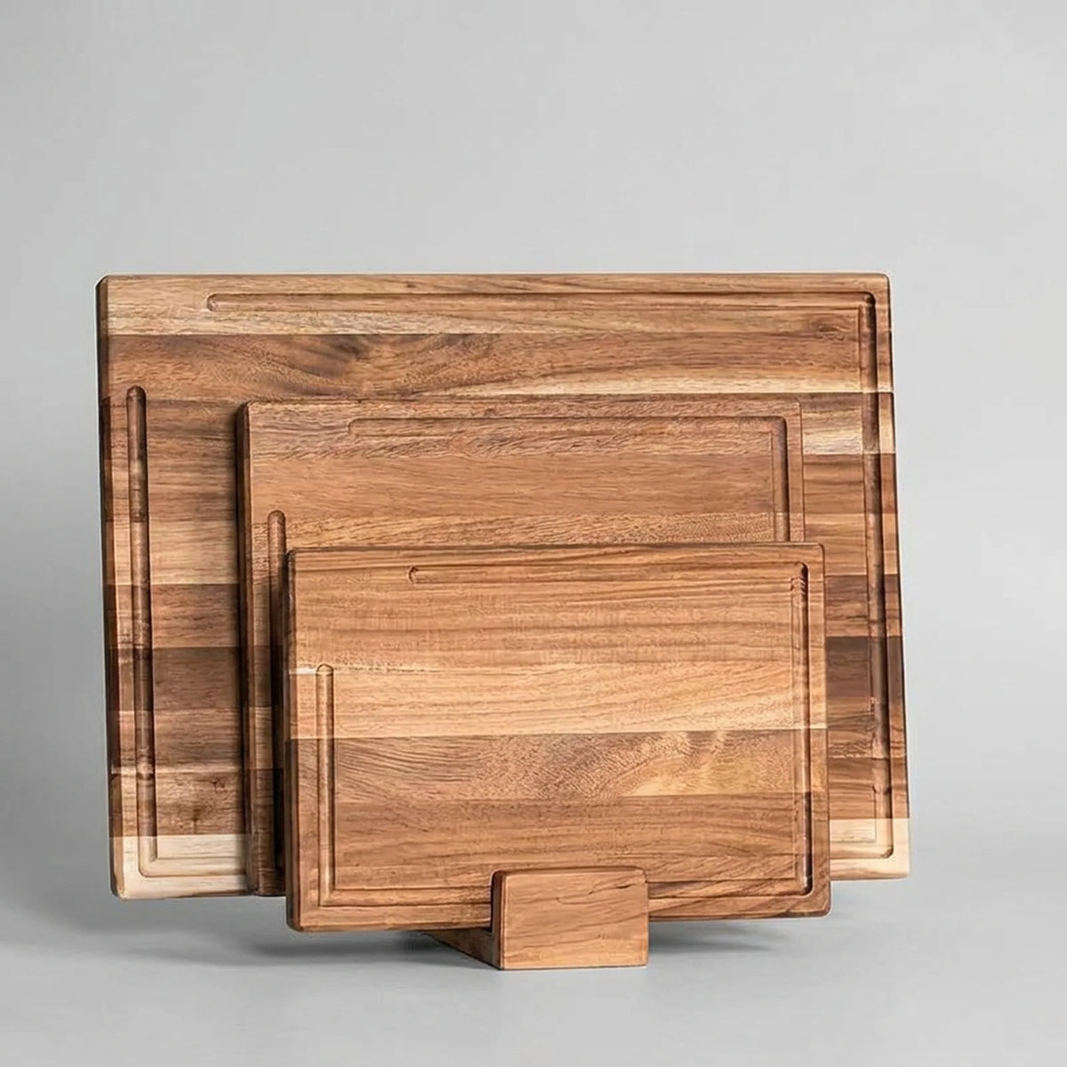 Cutting Board Set Wooden Shallow Juice Grooves Space-Saving Stand
