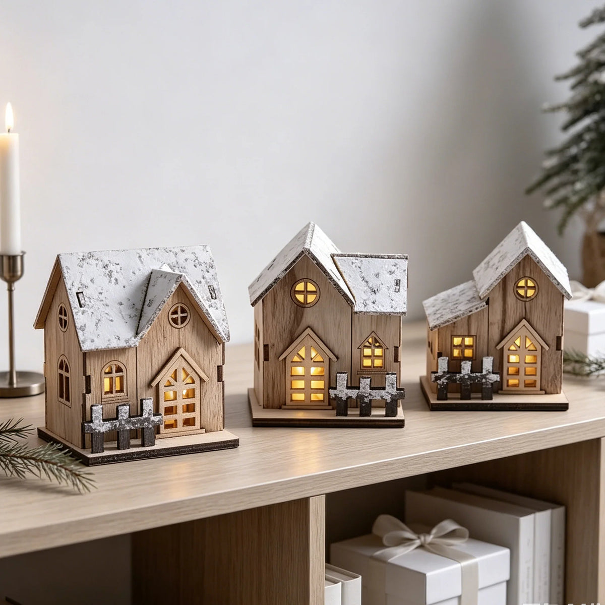 Decorative Christmas House Wooden Snow-Effect Lighted Option