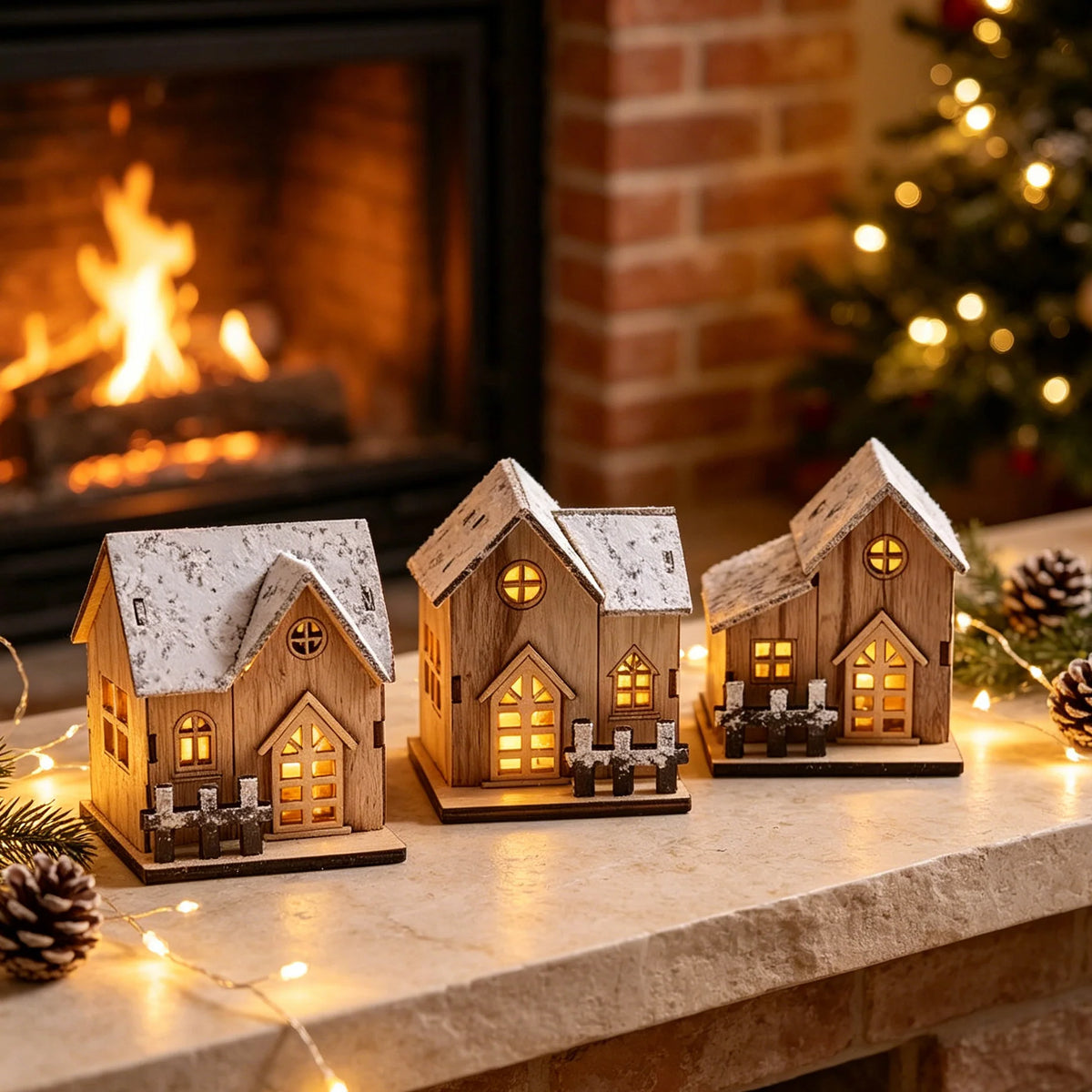 Decorative Christmas House Wooden Snow-Effect Lighted Option