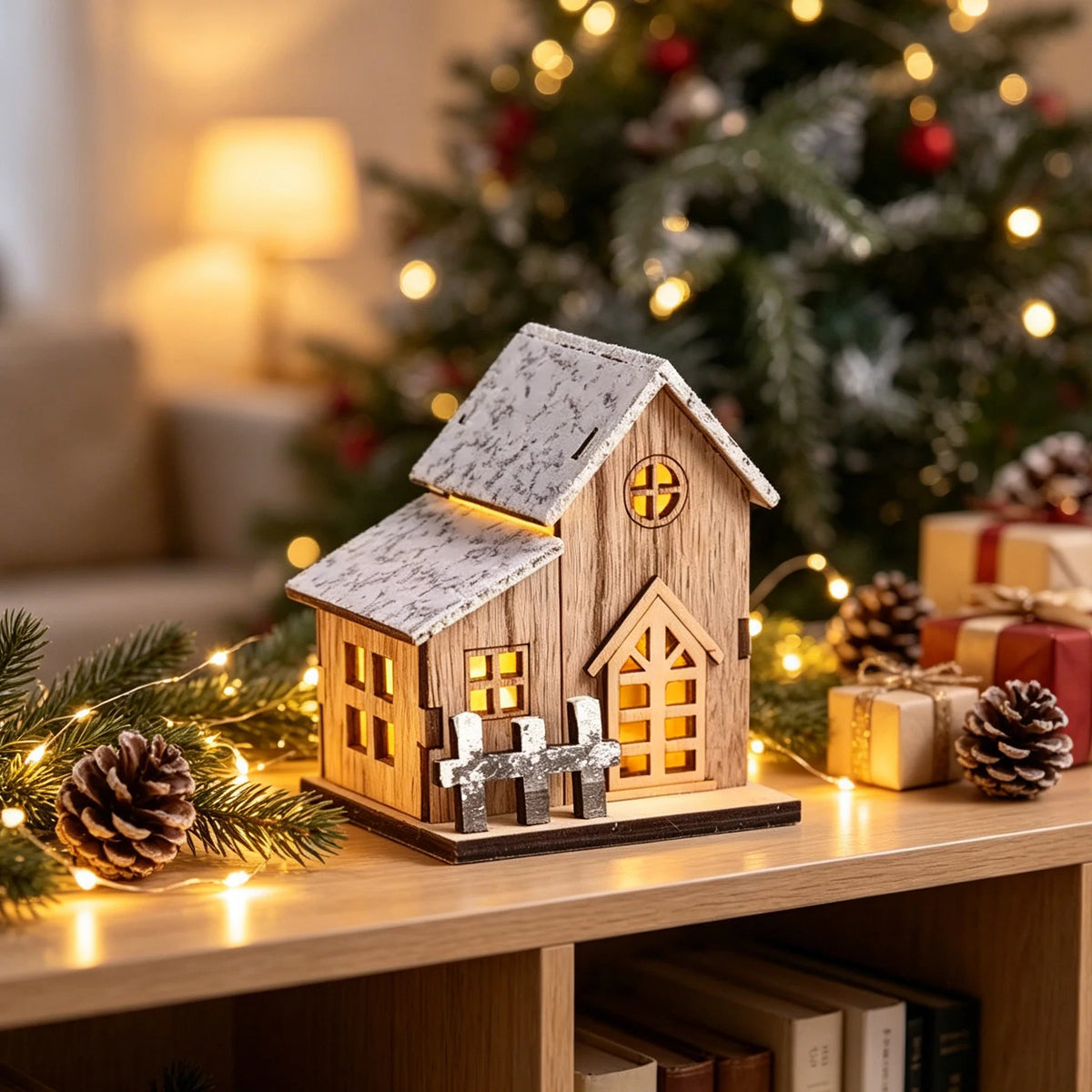 Decorative Christmas House Wooden Snow-Effect Lighted Option