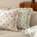 Decorative Cushion Linen-Cotton Botanical Print Ruffled Edge