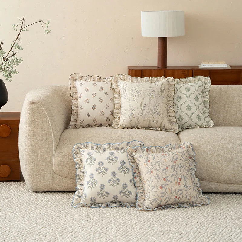 Decorative Cushion Linen-Cotton Botanical Print Ruffled Edge