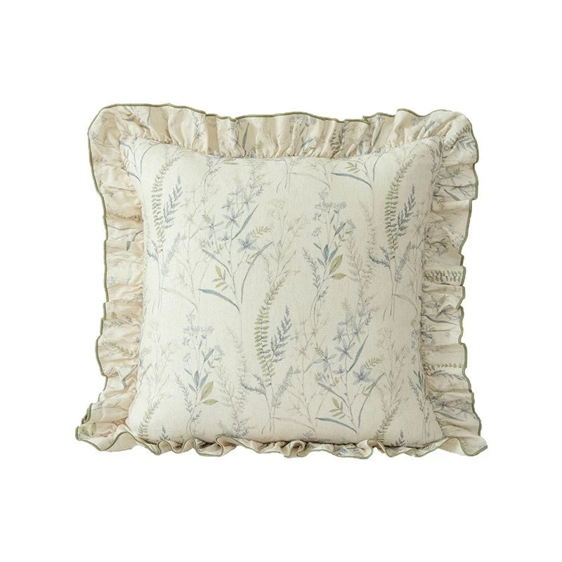 Decorative Cushion Linen-Cotton Botanical Print Ruffled Edge