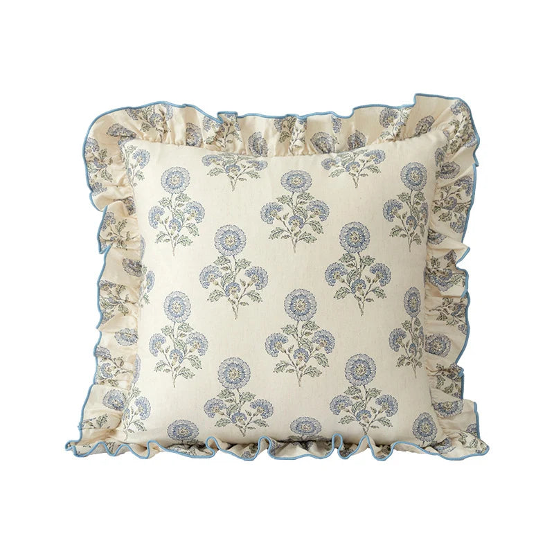 Decorative Cushion Linen-Cotton Botanical Print Ruffled Edge