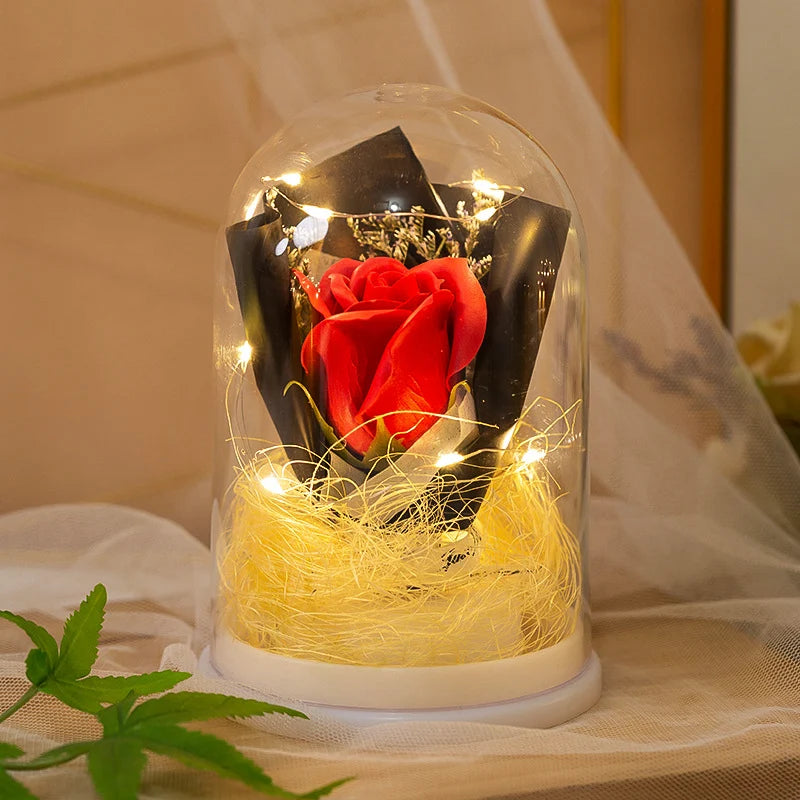 Decorative Glass Ball Red Rose Warm LED Battery-Free