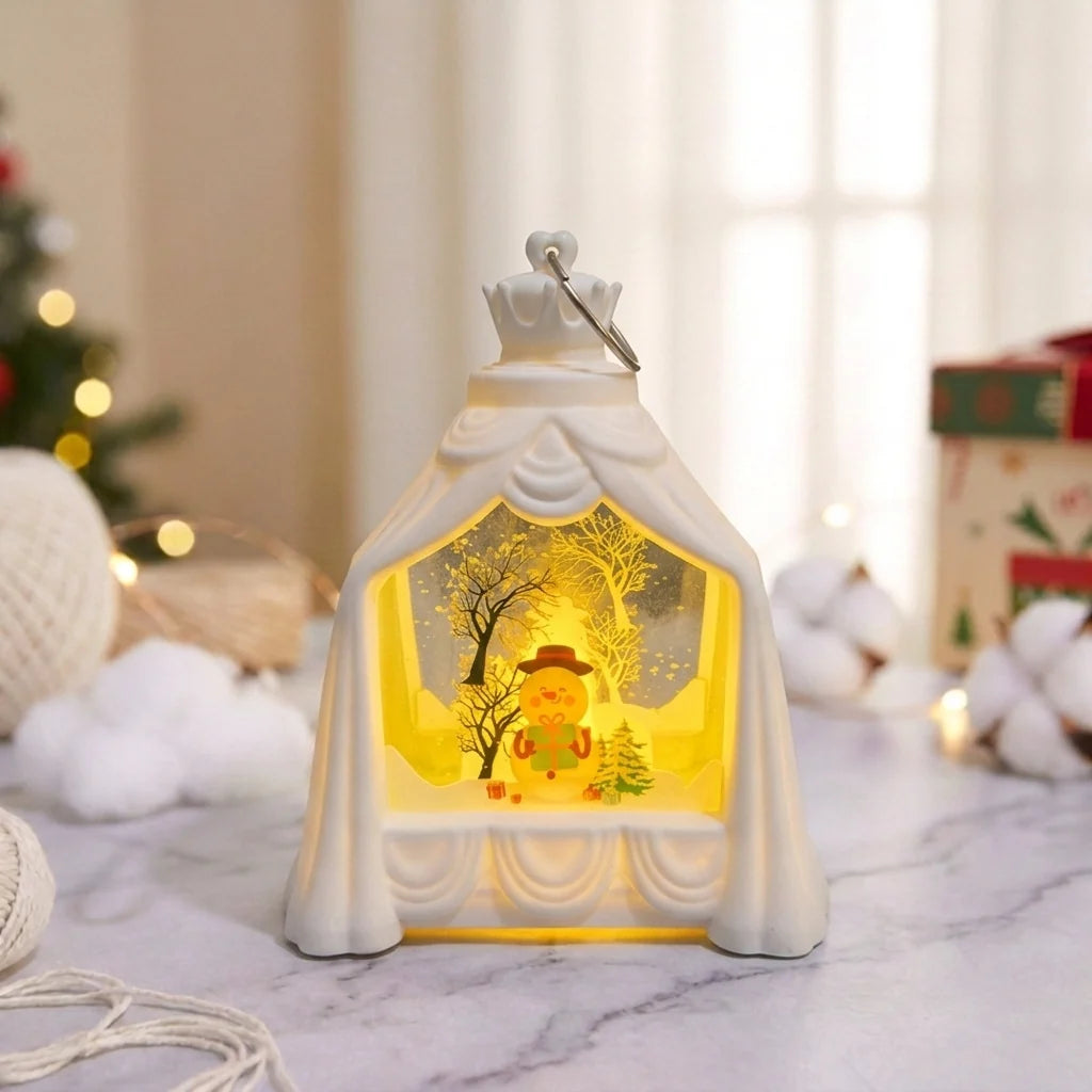 Decorative Lantern Snowman Winter Scene Soft Warm Glow