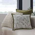 Decorative Pillow Cover Botanical Embroidery Cotton-Linen & Velvet Piping