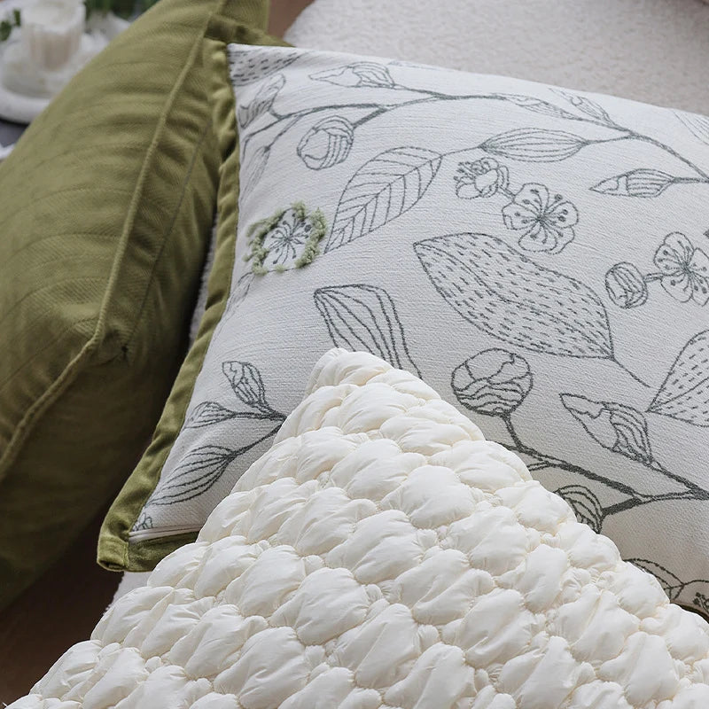 Decorative Pillow Cover Botanical Embroidery Cotton-Linen & Velvet Piping