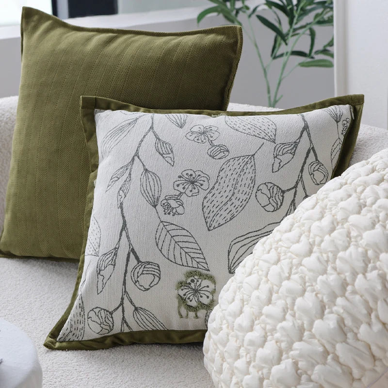 Decorative Pillow Cover Botanical Embroidery Cotton-Linen & Velvet Piping