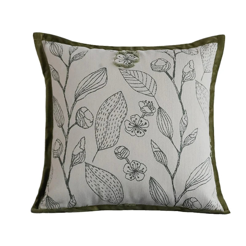 Decorative Pillow Cover Botanical Embroidery Cotton-Linen & Velvet Piping
