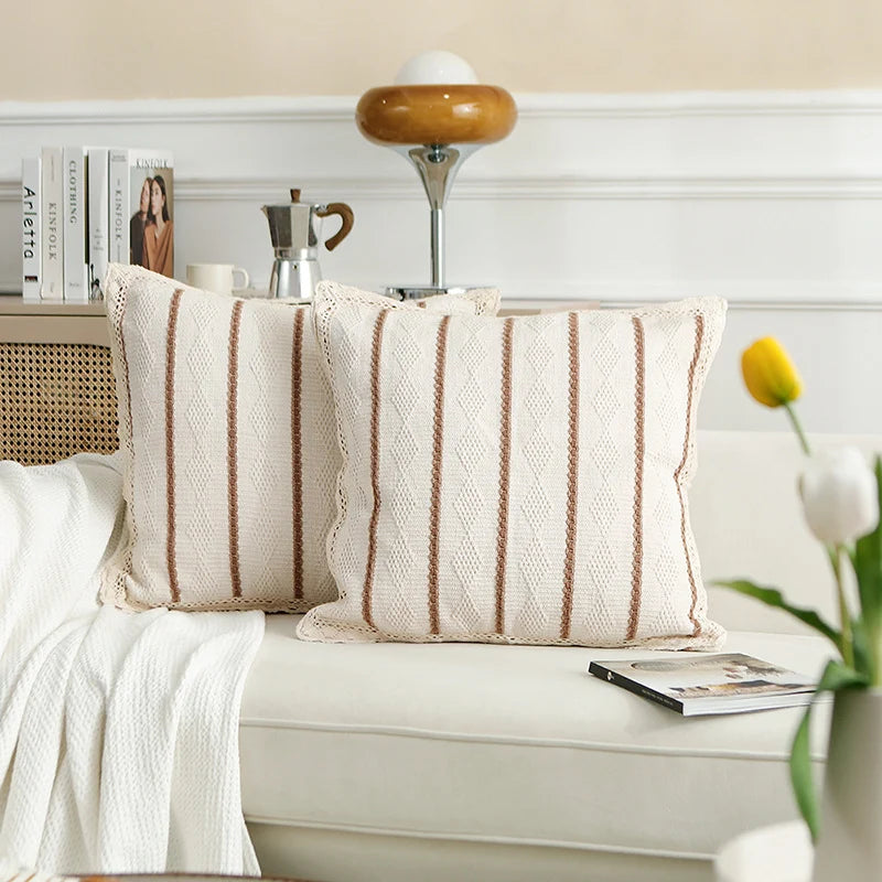 Decorative Pillow Cover Cotton-Linen Hand-Crocheted Edge 24x24 Inch