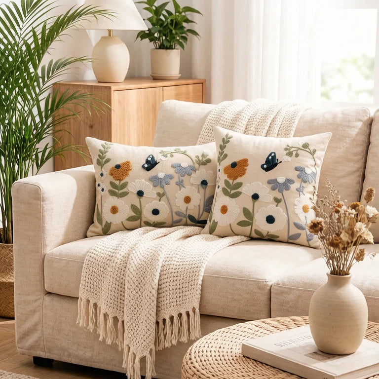 Decorative Pillow Cover Embroidered Chenille Linen-Blend